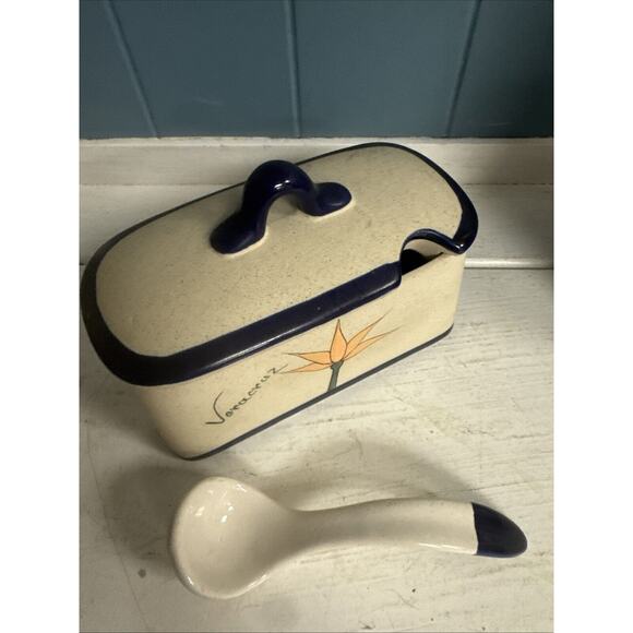 Veracruz Mexican Pottery Lidded Sugar Mustard Jam Spoon HandPainted Sunflowers - Picture 3 of 9